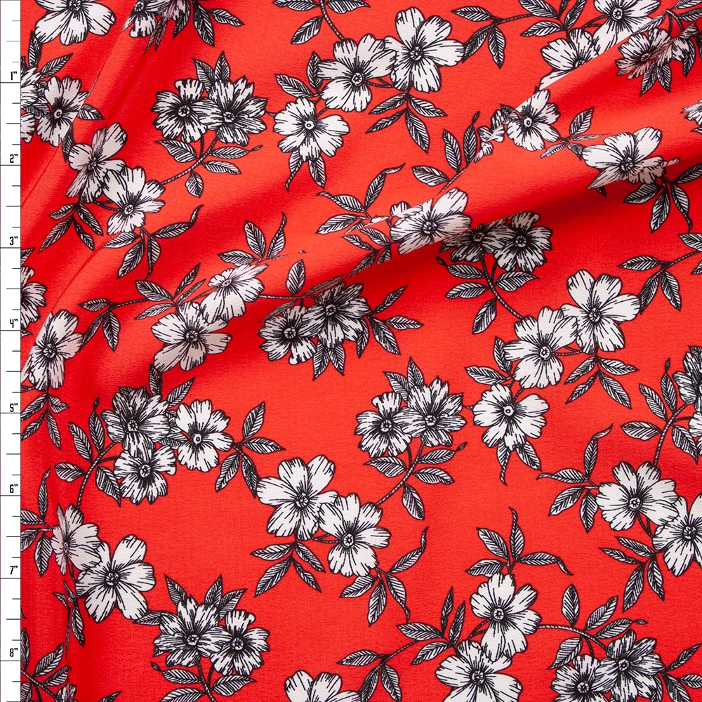 Black and White Sketch Floral on Red Crepe De Chine Fabric By The Yard