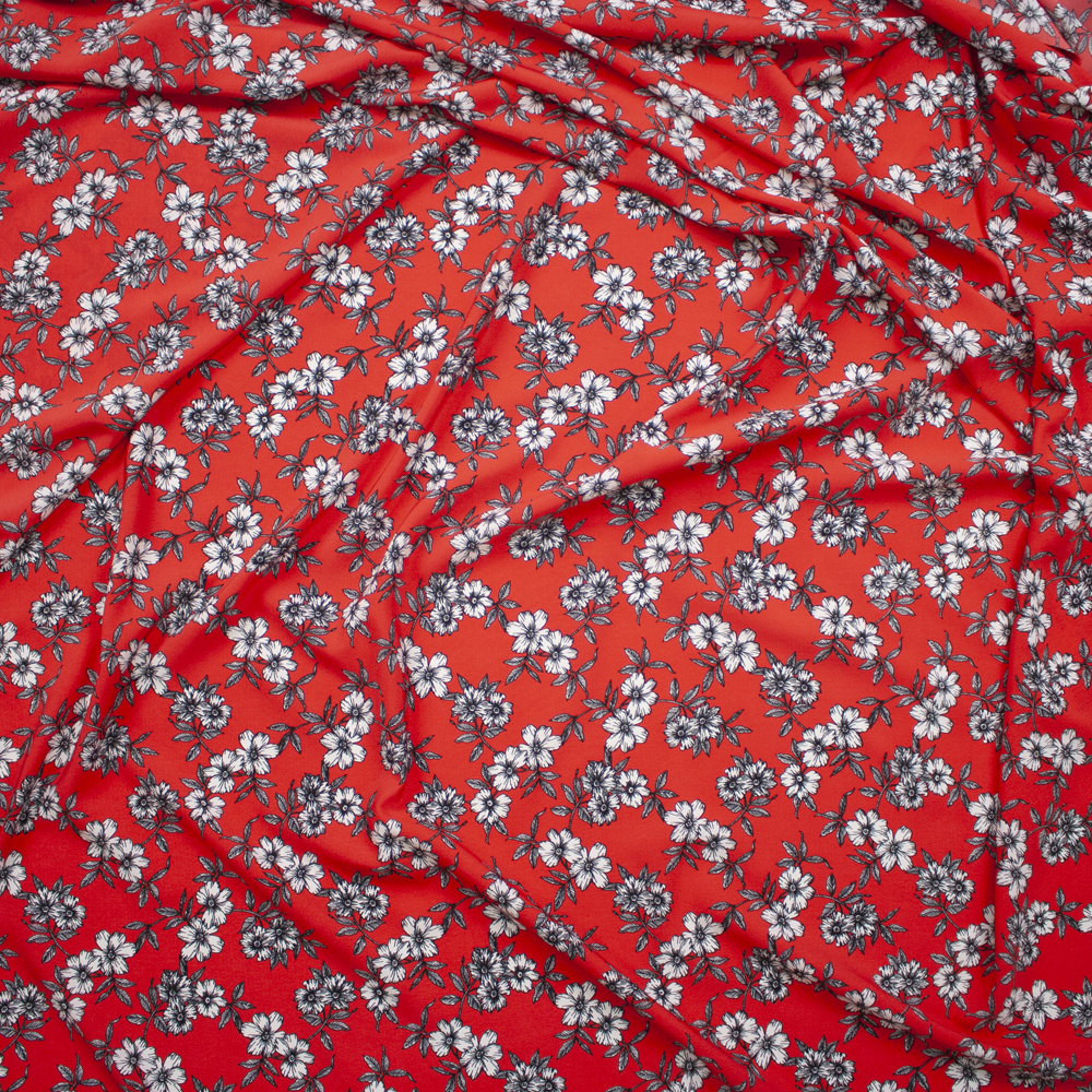 Black and White Sketch Floral on Red Crepe De Chine Fabric By The Yard - Wide shot