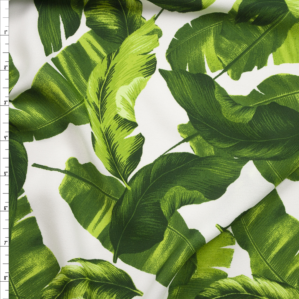 Green Palms on White Crepe De Chine Fabric By The Yard