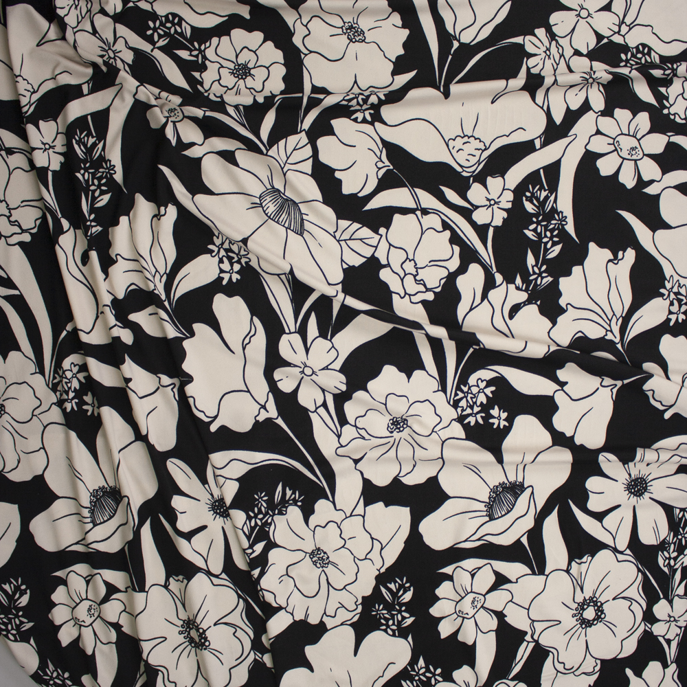Black and Ivory Whimsical Large Floral Double Brushed Poly/Spandex Knit Fabric By The Yard - Wide shot