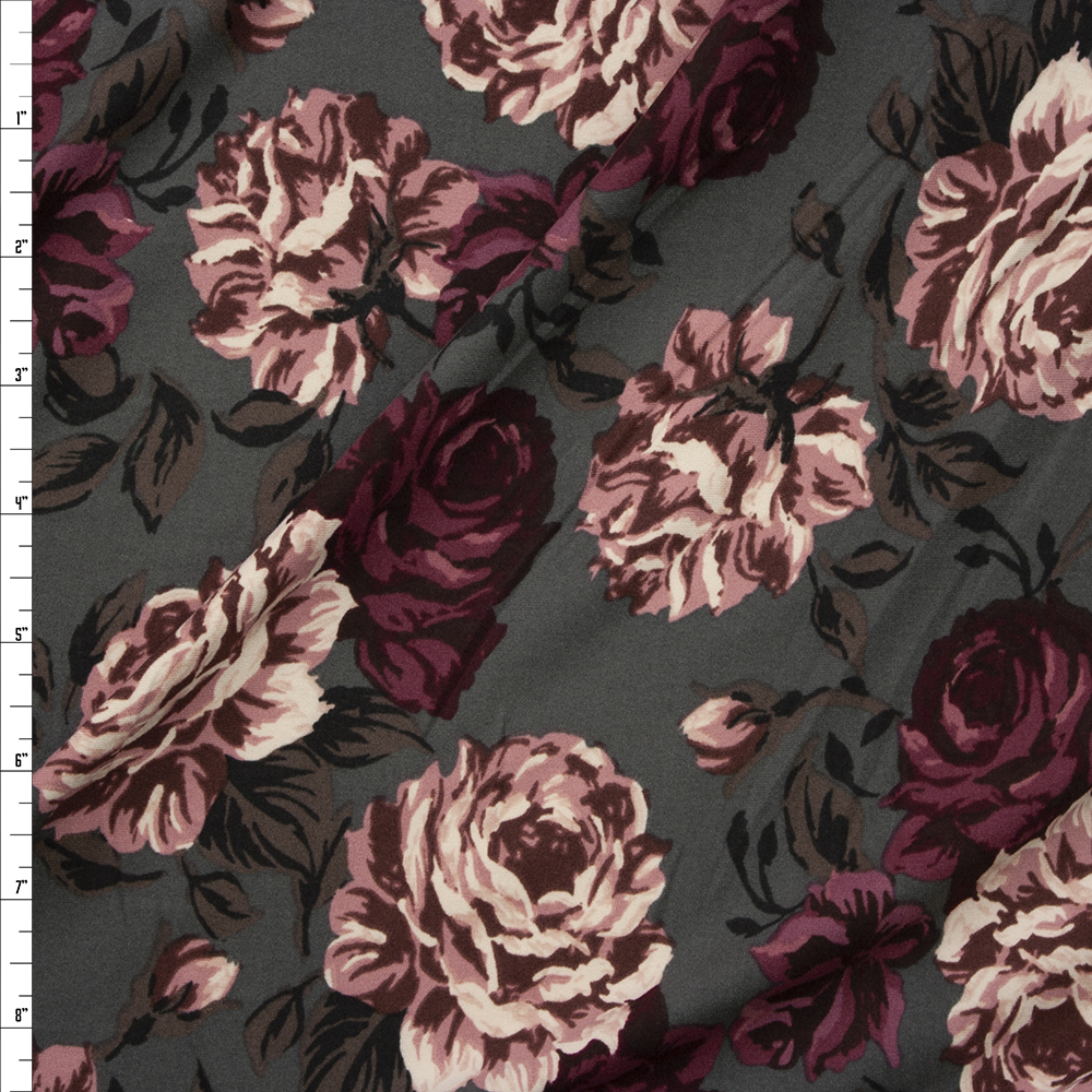 Wine and Mauve Rose Floral on Charcoal Double Brushed Poly/Spandex Knit Fabric By The Yard