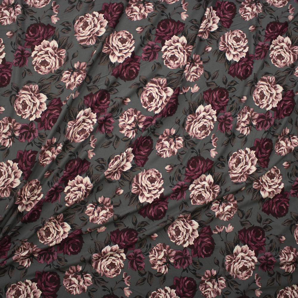 Wine and Mauve Rose Floral on Charcoal Double Brushed Poly/Spandex Knit Fabric By The Yard - Wide shot