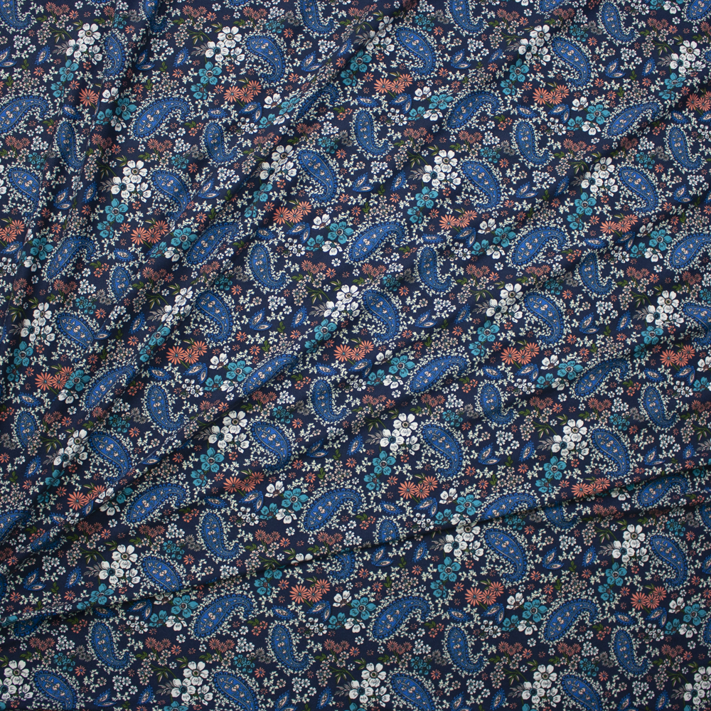 Blue, Ivory, Turquoise and Peach Paisleys on Navy Double Brushed Poly/Spandex Knit Fabric By The Yard - Wide shot