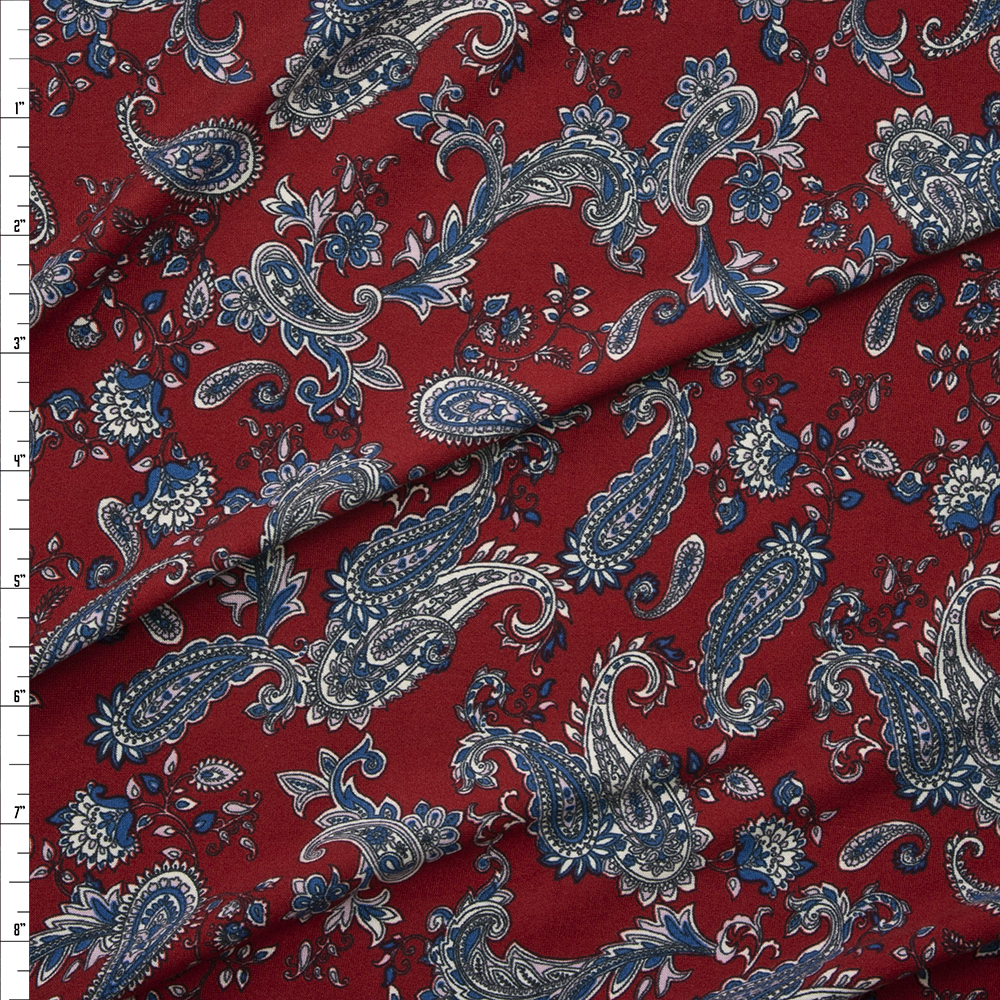 Grey and Blue Paisleys on Burgundy Double Brushed Poly/Spandex Knit Fabric By The Yard