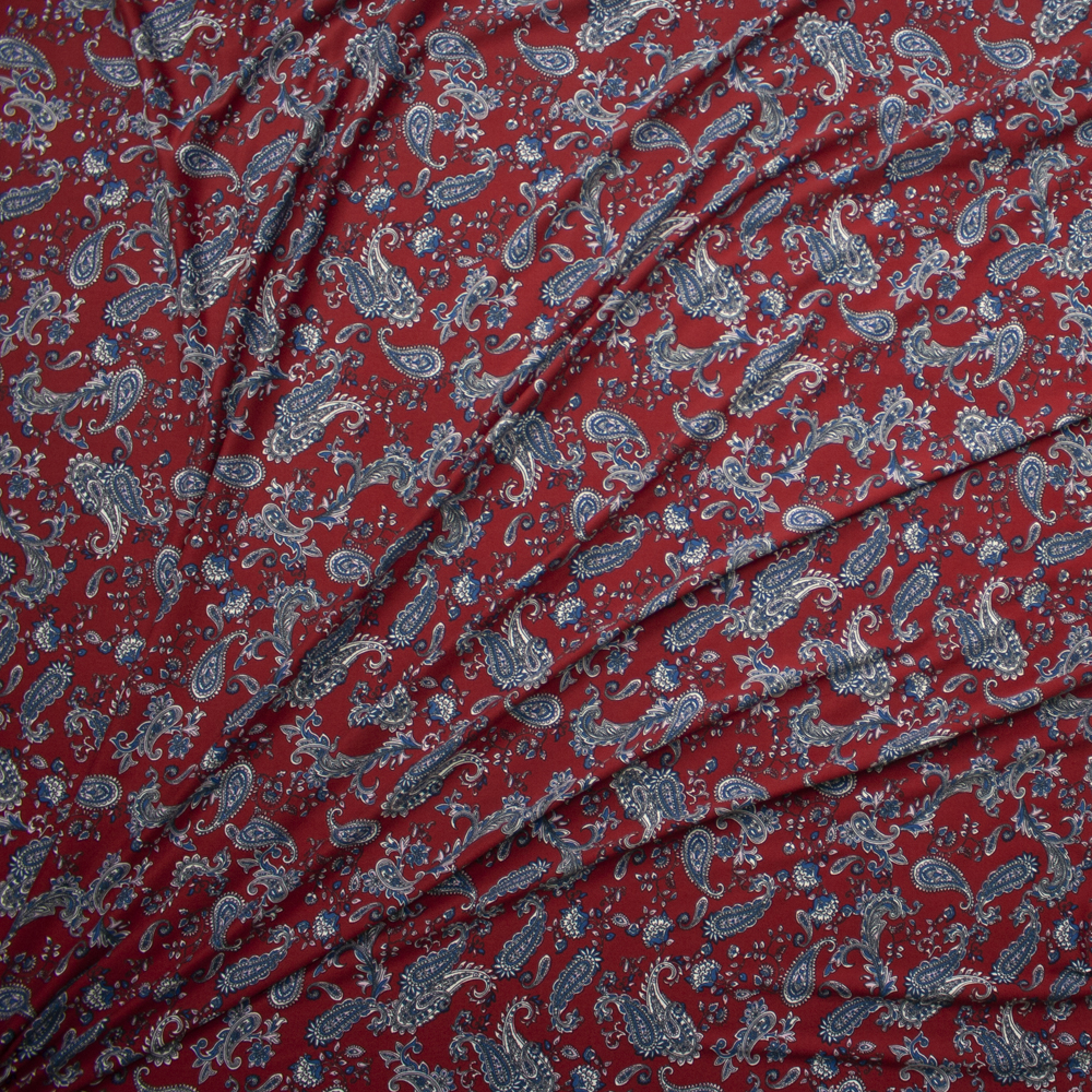 Grey and Blue Paisleys on Burgundy Double Brushed Poly/Spandex Knit Fabric By The Yard - Wide shot