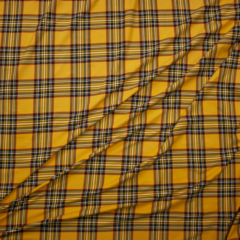 Yellow, Black, and Red Plaid Double Brushed Poly/Spandex Knit Fabric By The Yard - Wide shot