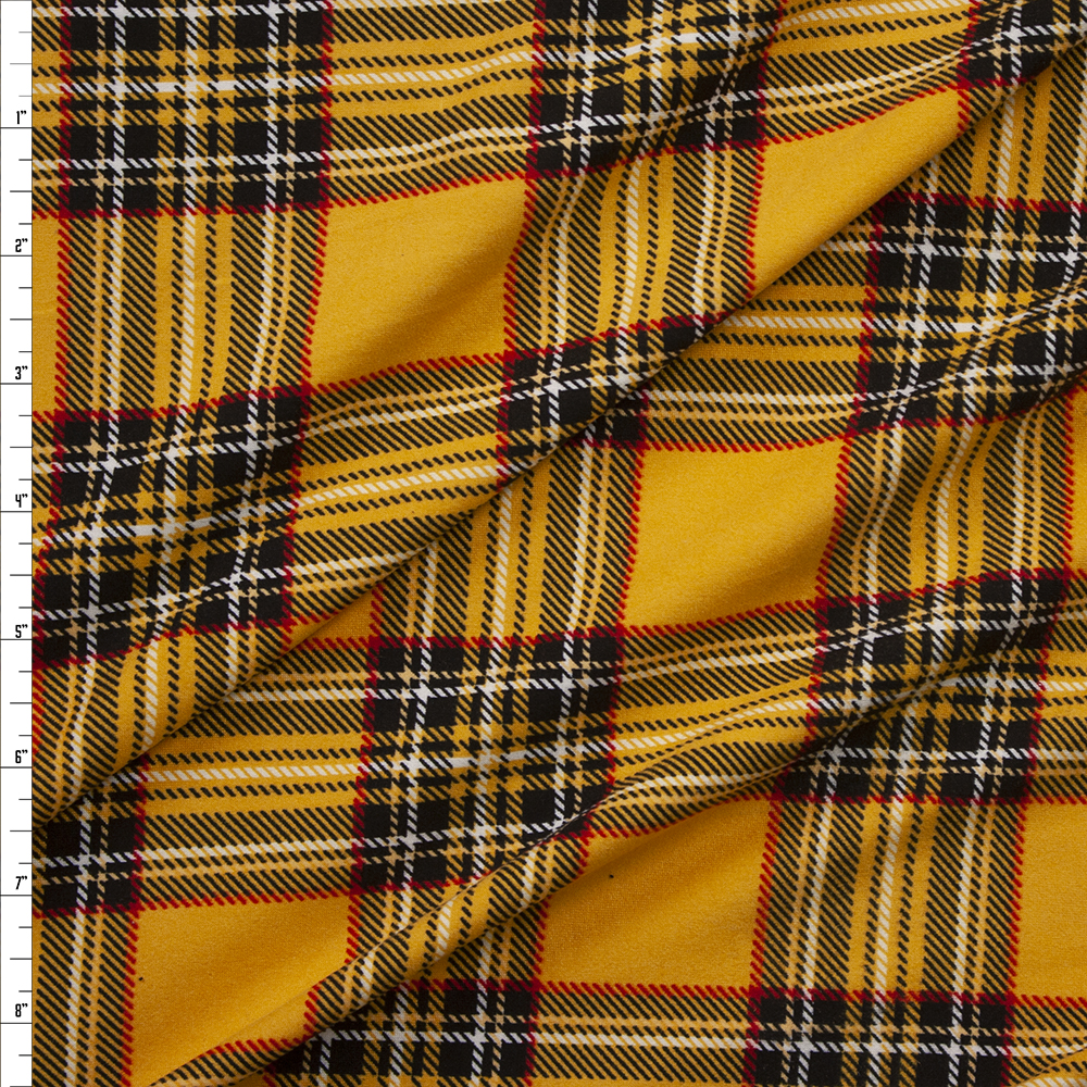 Yellow, Black, and Red Plaid Double Brushed Poly/Spandex Knit Fabric By The Yard