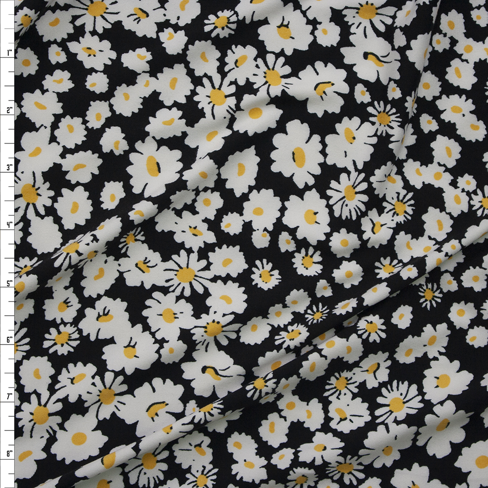 Paint Blot Daisies on Black Double Brushed Poly/Spandex Knit Fabric By The Yard
