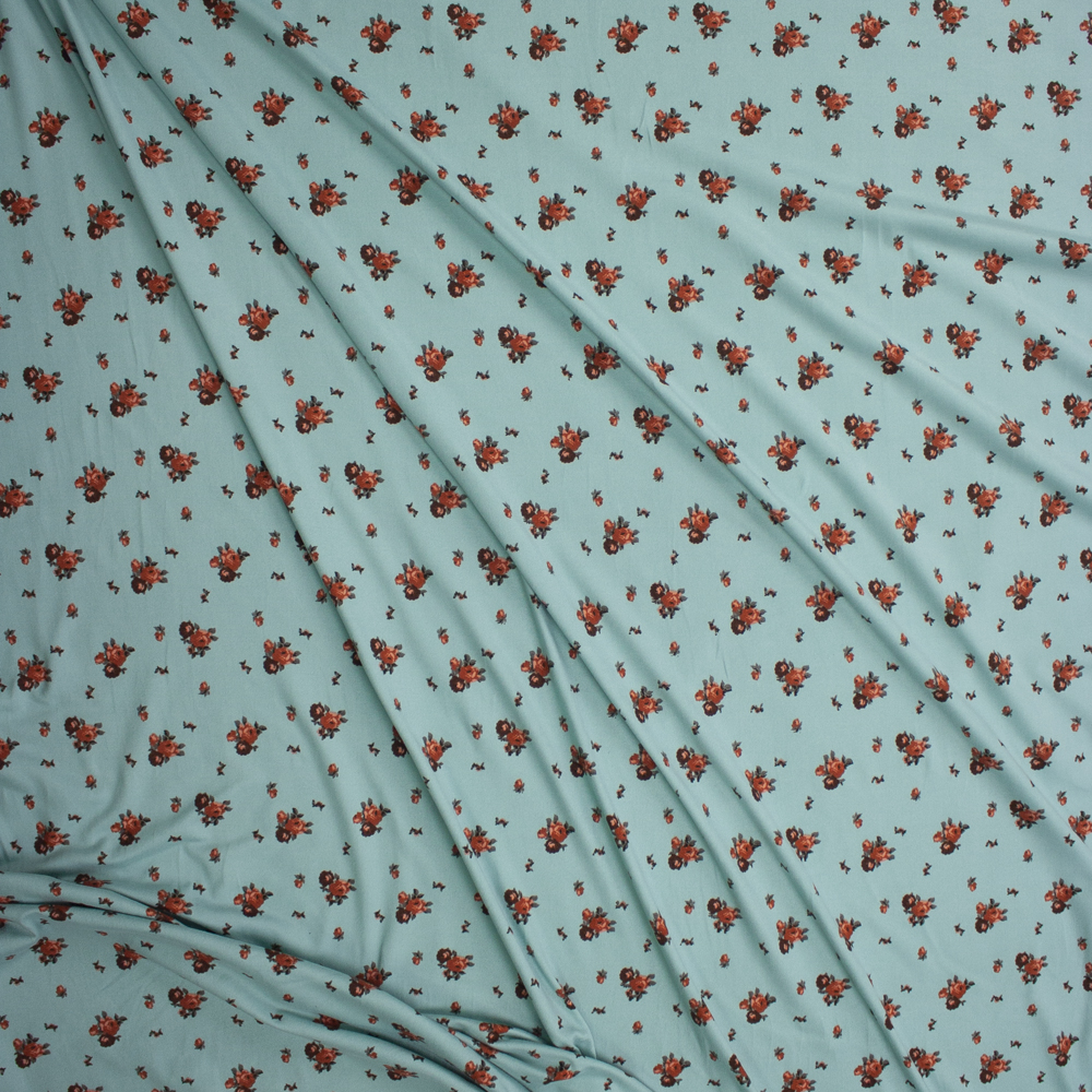 Mini Rose Clusters on Sage Double Brushed Poly/Spandex Knit Fabric By The Yard - Wide shot