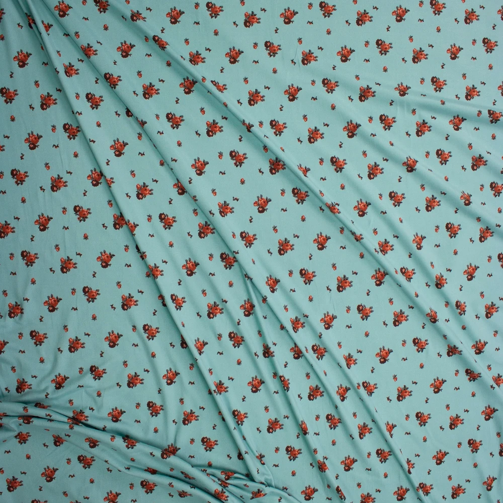 Mini Rose Clusters on Sage Double Brushed Poly/Spandex Knit Fabric By The Yard - Wide shot