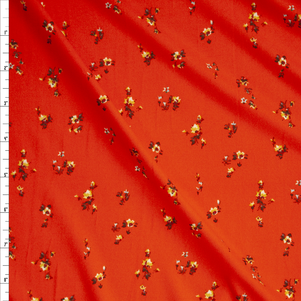 Mini Wildflower Clusters on Orange Double Brushed Poly/Spandex Knit Fabric By The Yard