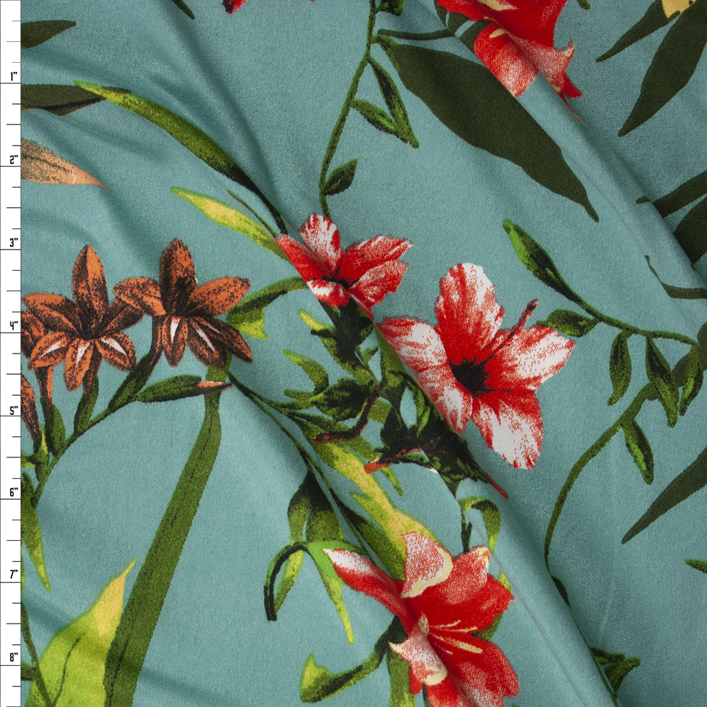 Red, Yellow, and Green Lily Floral on Seafoam Double Brushed Poly/Spandex Knit Fabric By The Yard