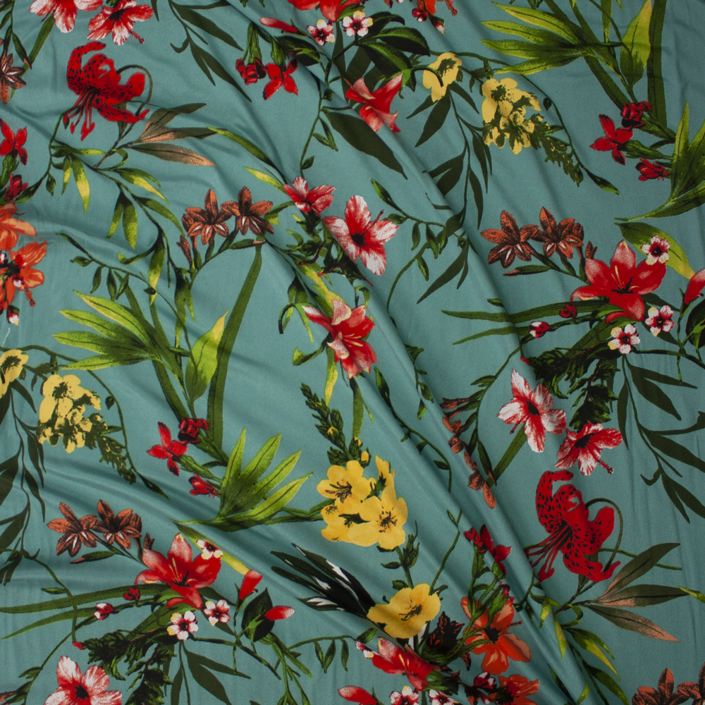 Red, Yellow, and Green Lily Floral on Seafoam Double Brushed Poly/Spandex Knit Fabric By The Yard - Wide shot