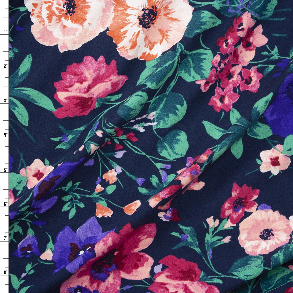 Garden Floral on Navy Blue Double Brushed Poly/Spandex Knit Fabric By The Yard