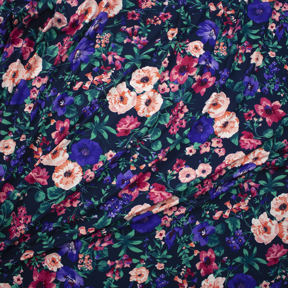 Garden Floral on Navy Blue Double Brushed Poly/Spandex Knit Fabric By The Yard - Wide shot