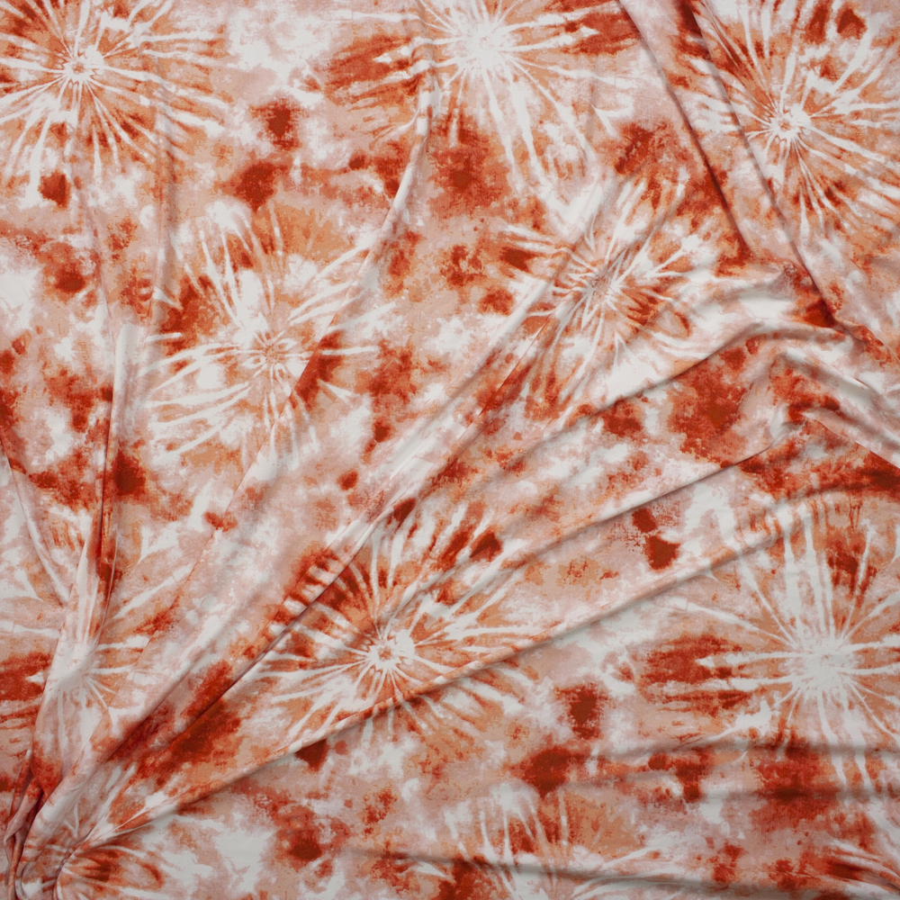 Orange and White Grunge Tie Dye Double Brushed Poly/Spandex Knit Fabric By The Yard - Wide shot
