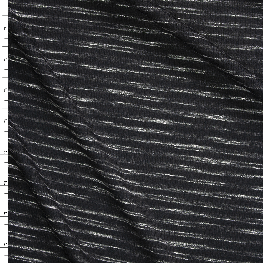 Black and Grey Horizontal Streaked Stripes Ribbed Sweater Knit Fabric By The Yard