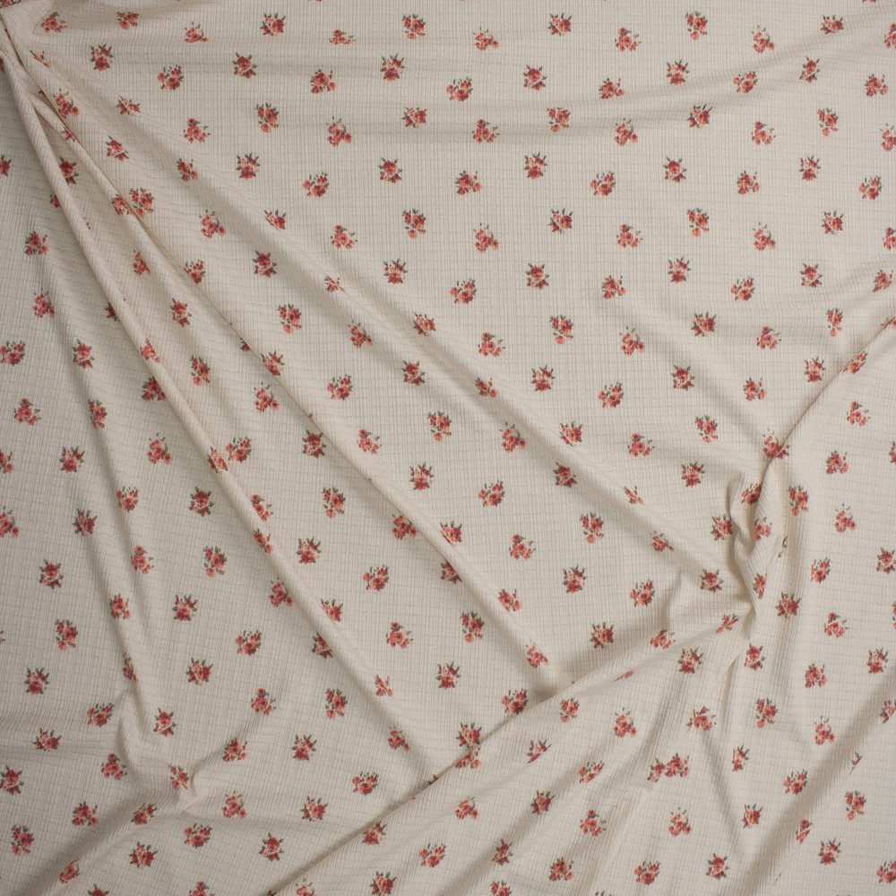Bright Pink Floral Clusters on Ivory Lightweight Ribbed Knit Fabric By The Yard - Wide shot