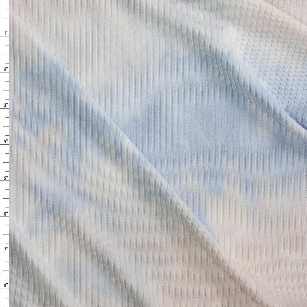 Blush, Light Blue, and White Tie Dye Stretch Brushed Rib Knit Fabric By The Yard