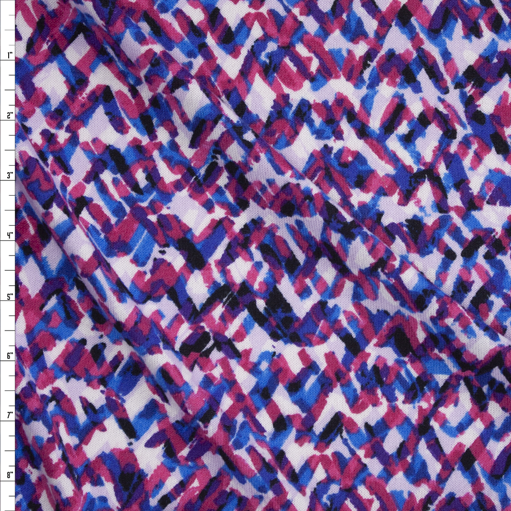 Hot Pink, Blue, Lavender, Black, and White Layered Squiggles Hacci Knit Fabric By The Yard