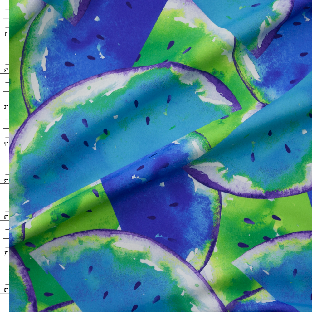 Blue, Teal, and Lime Watermelons Nylon/Spandex Swim Knit Fabric By The Yard