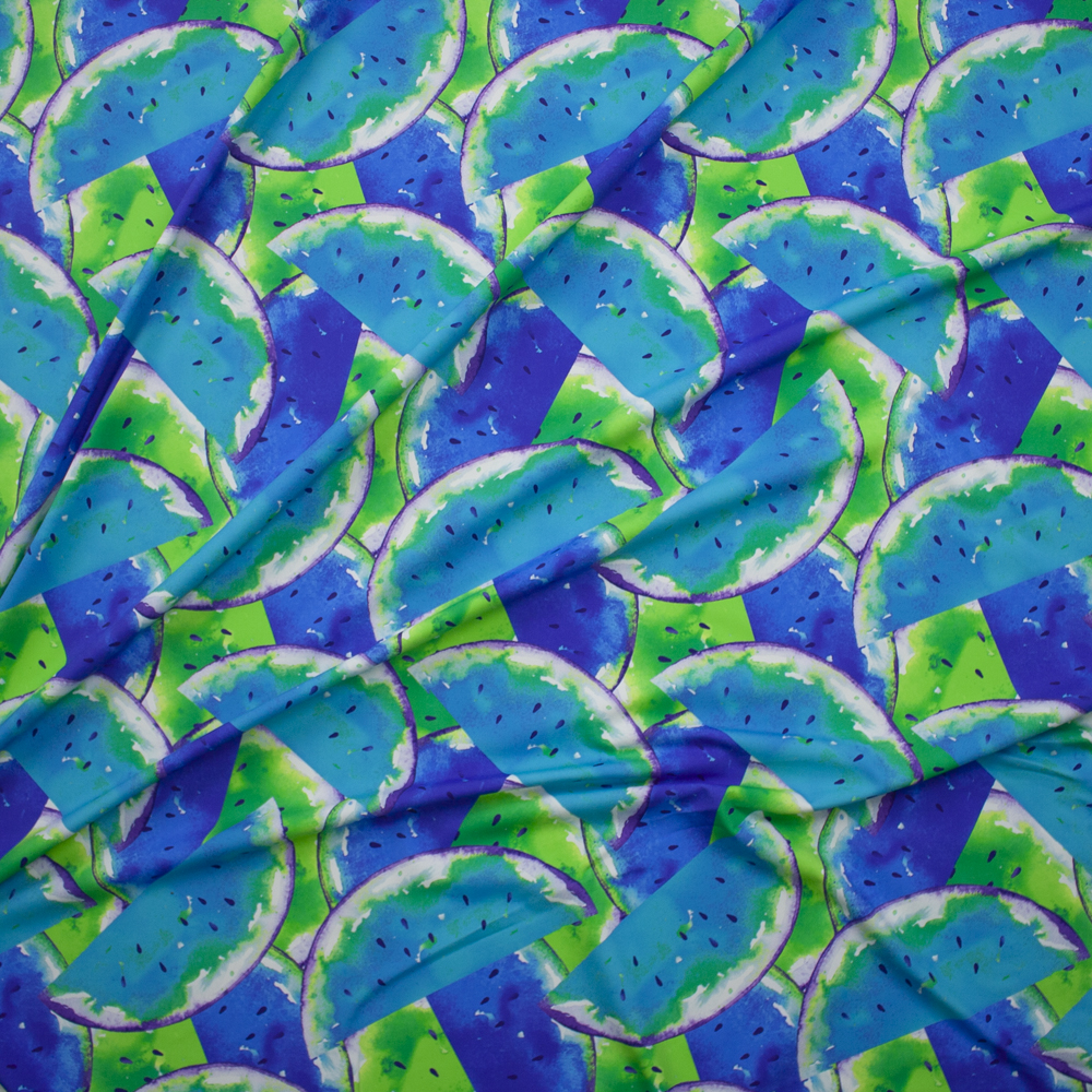 Blue, Teal, and Lime Watermelons Nylon/Spandex Swim Knit Fabric By The Yard - Wide shot