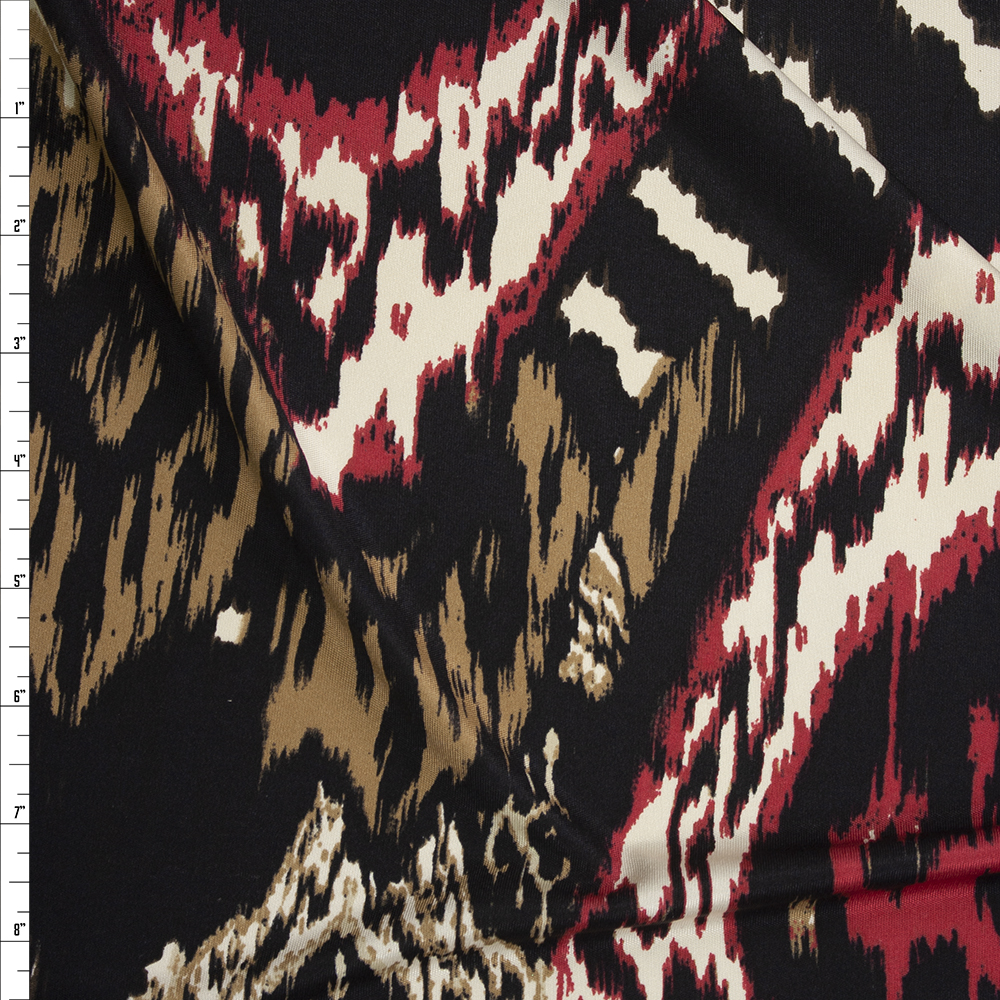 Red, Black, and Tan Tribal Print Designer Silk Jersey Knit Fabric By The Yard