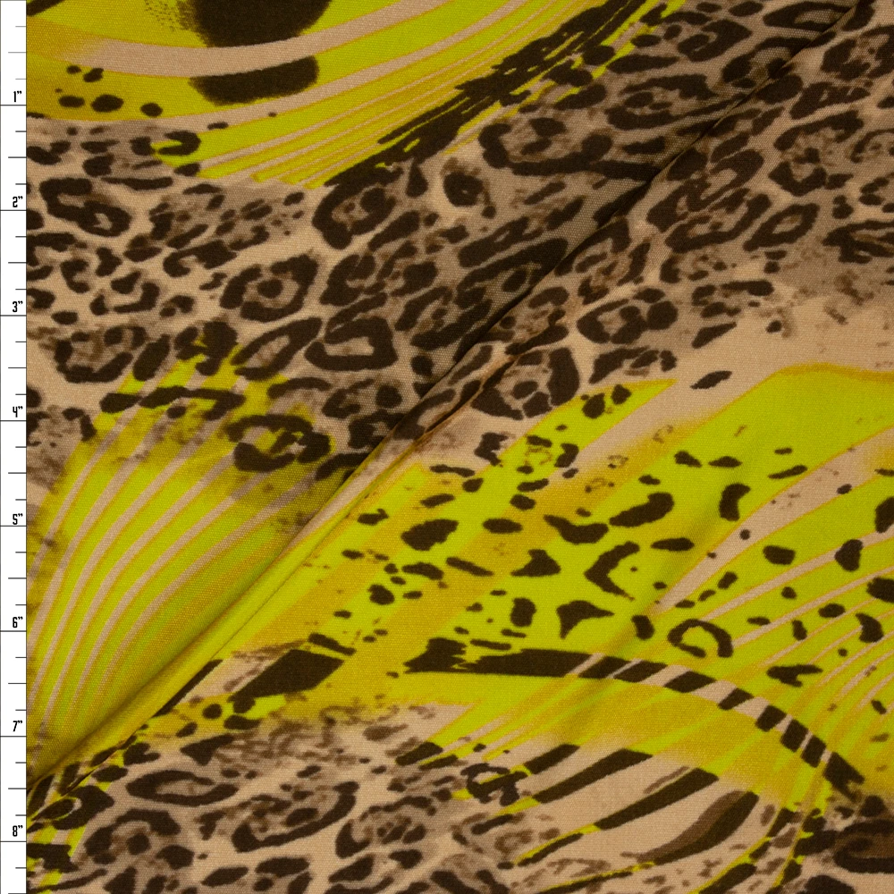 Neon Yellow and Tan Swirling Leopard Abstract Designer Silk Jersey Knit Fabric By The Yard