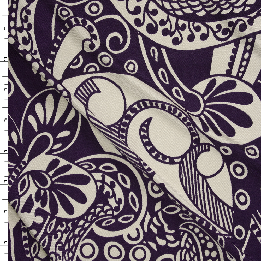 Plum and Offwhite Swirling Floral Designer Silk Jersey Knit Fabric By The Yard