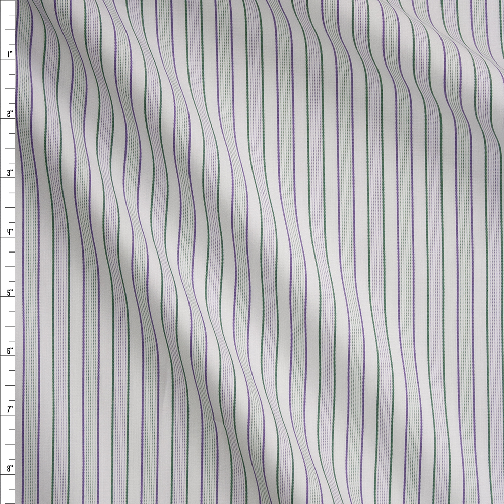 Green and Purple Vertical Stripes on White Designer Cotton Shirting Fabric By The Yard
