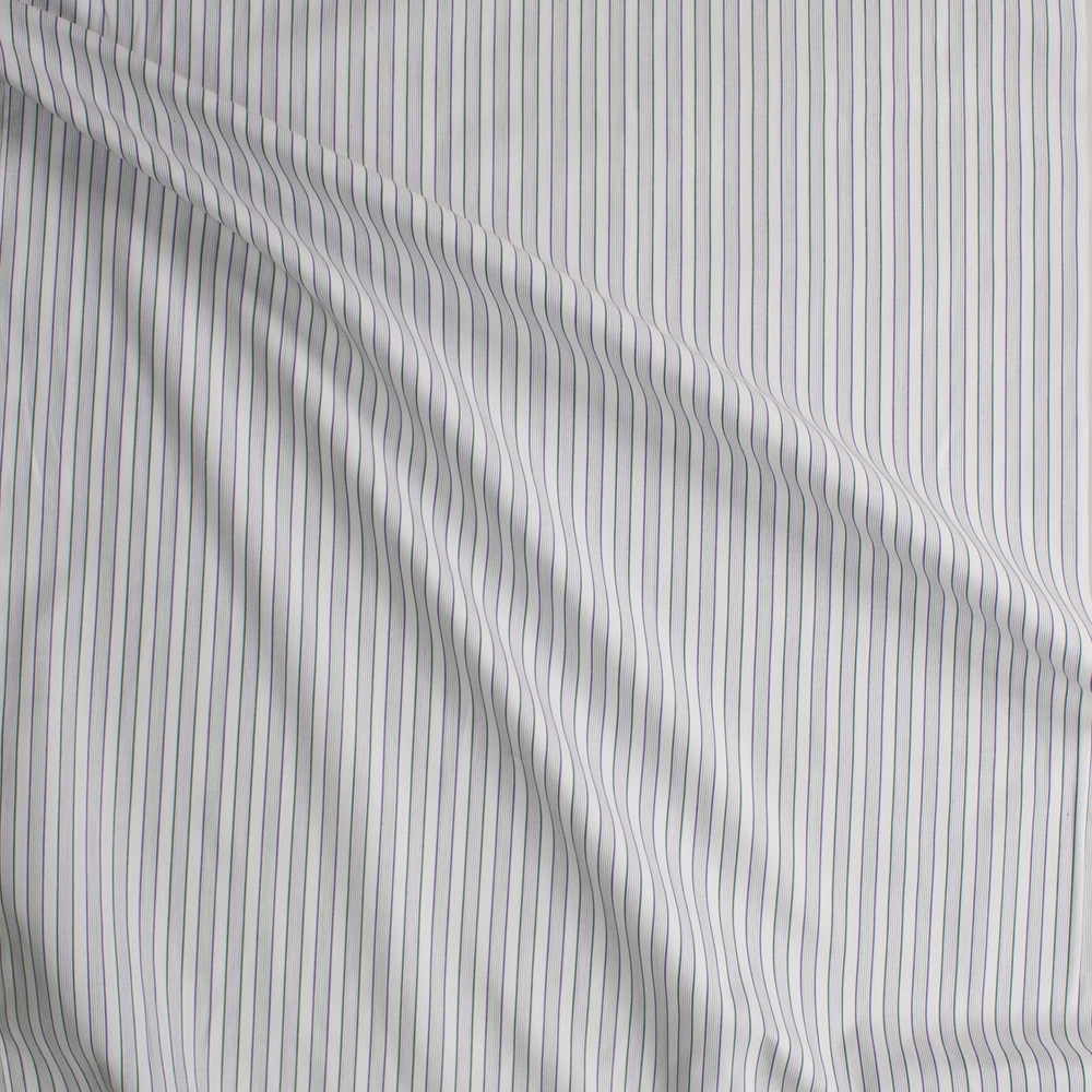 Green and Purple Vertical Stripes on White Designer Cotton Shirting Fabric By The Yard - Wide shot