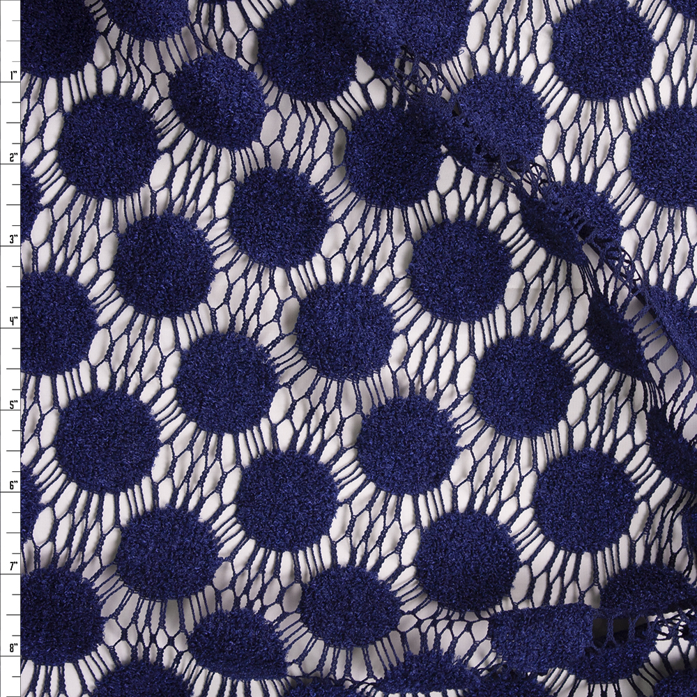 Navy Blue Large Fuzzy Polka Dot Lace Fabric By The Yard