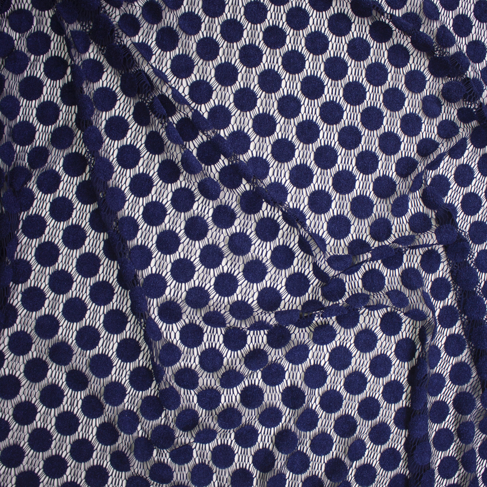 Navy Blue Large Fuzzy Polka Dot Lace Fabric By The Yard - Wide shot
