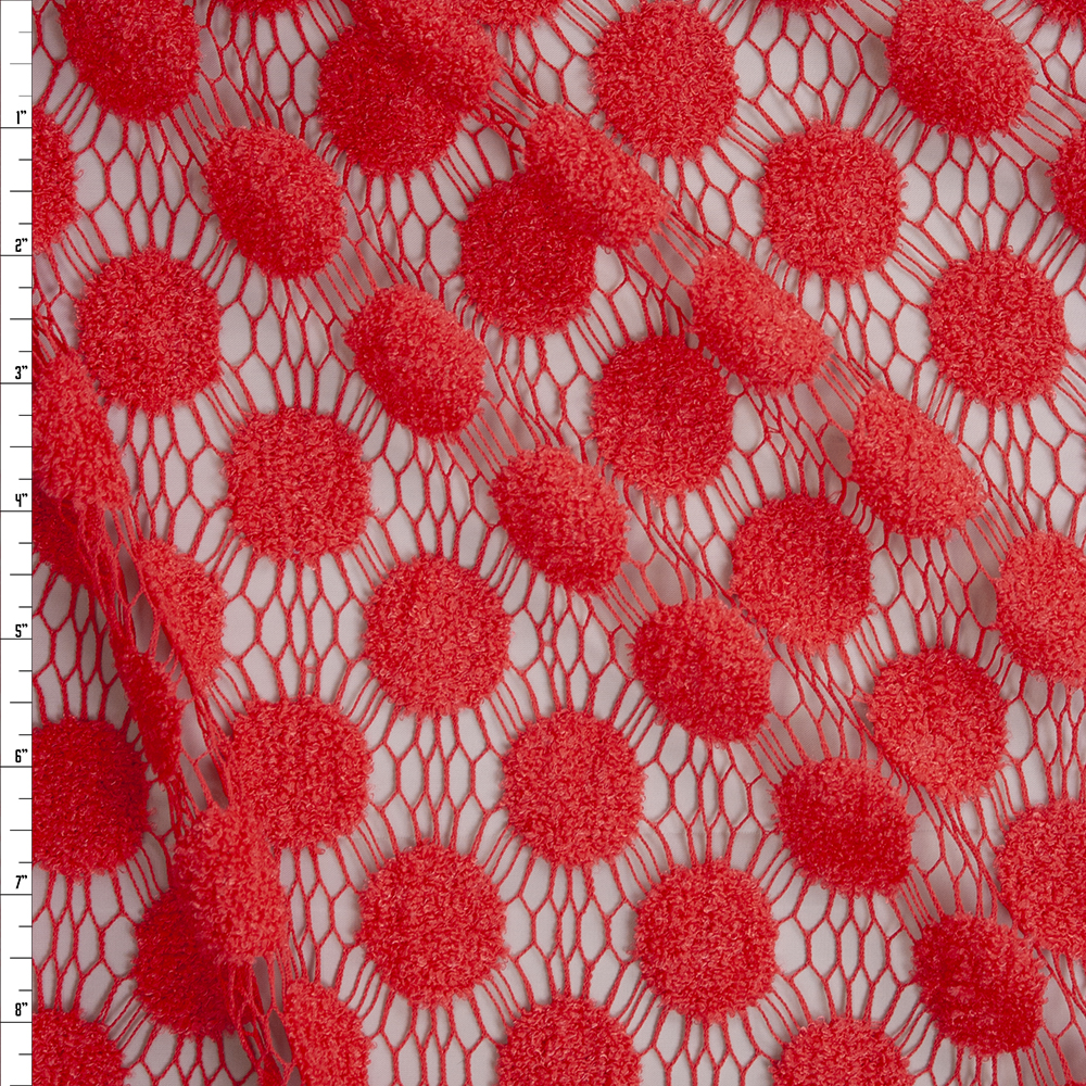 Red Large Fuzzy Polka Dot Lace Fabric By The Yard