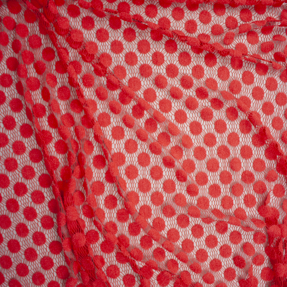 Red Large Fuzzy Polka Dot Lace Fabric By The Yard - Wide shot