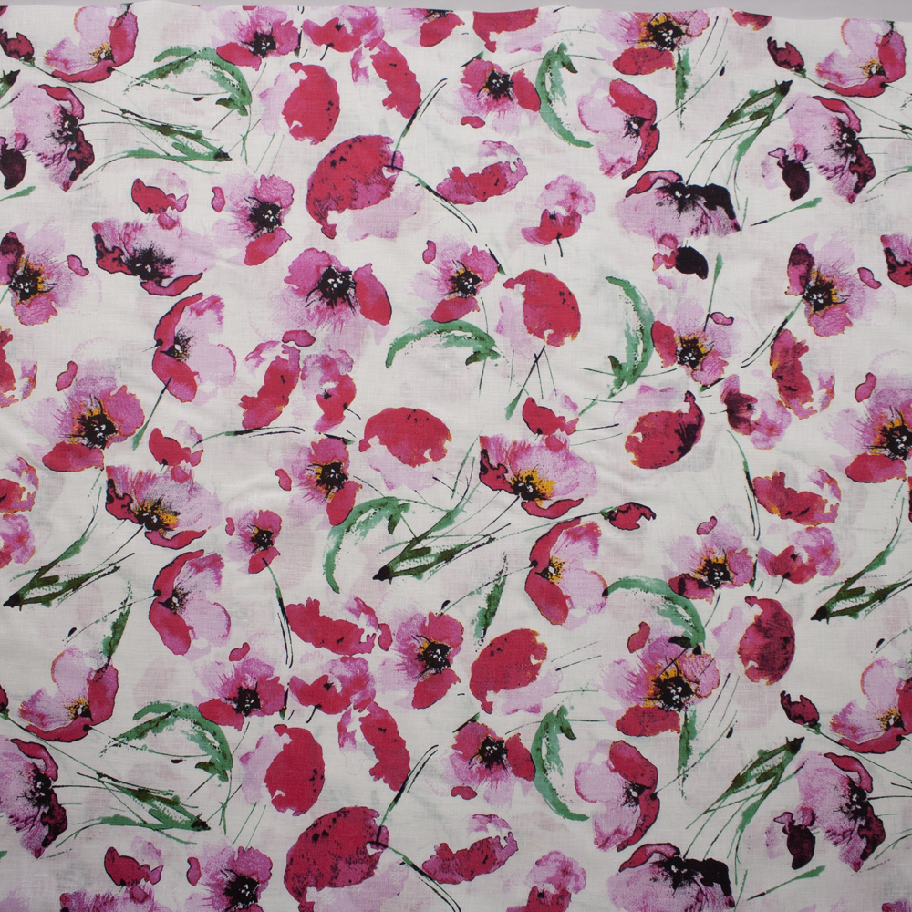 Pink Watercolor Flowers on Warm White Designer Linen Fabric By The Yard - Wide shot