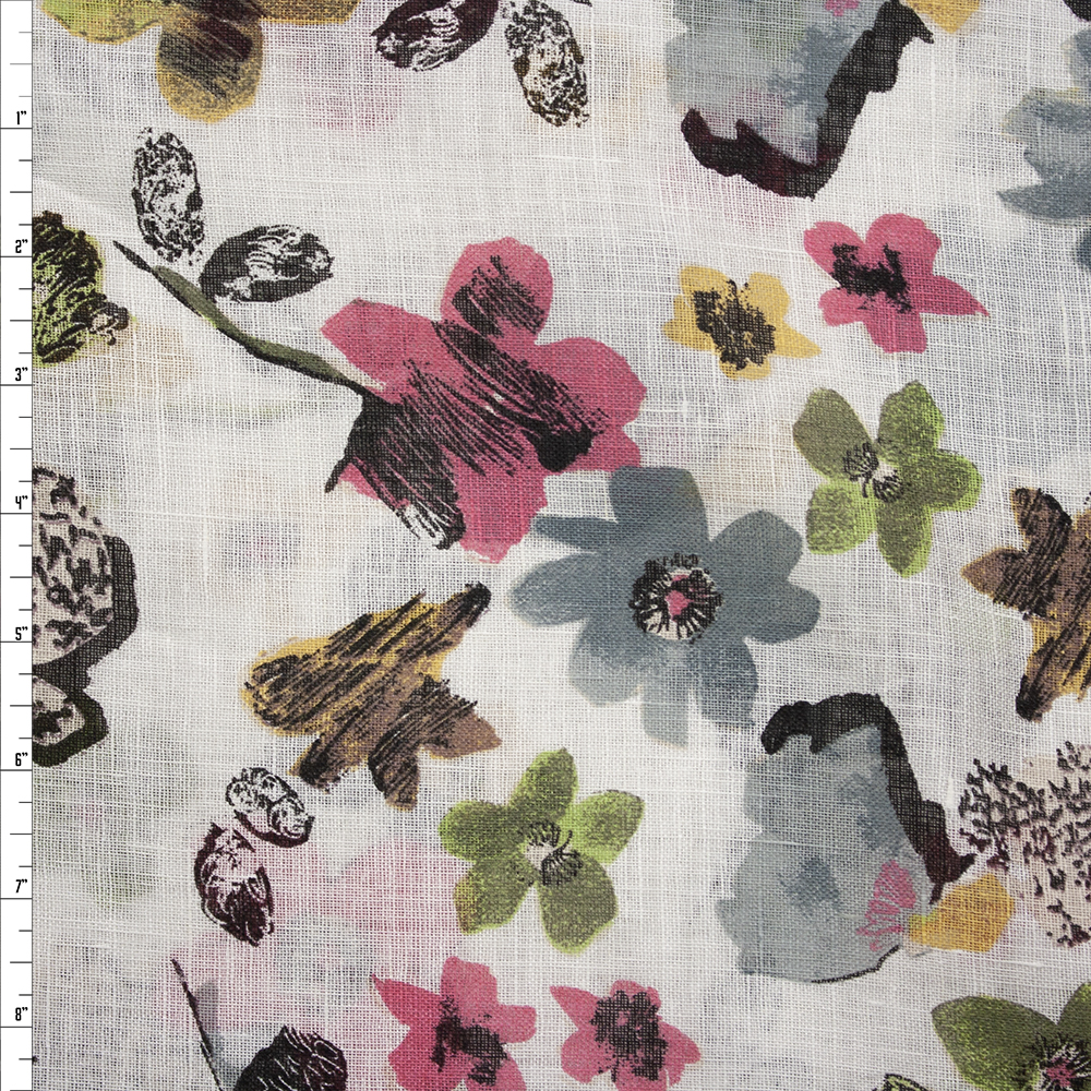 Pink, Sage, and Brown Retro Floral on Offwhite Designer Linen Fabric By The Yard