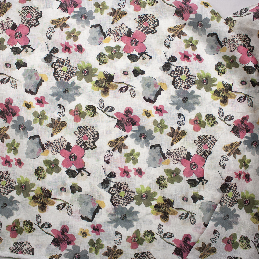 Pink, Sage, and Brown Retro Floral on Offwhite Designer Linen Fabric By The Yard - Wide shot