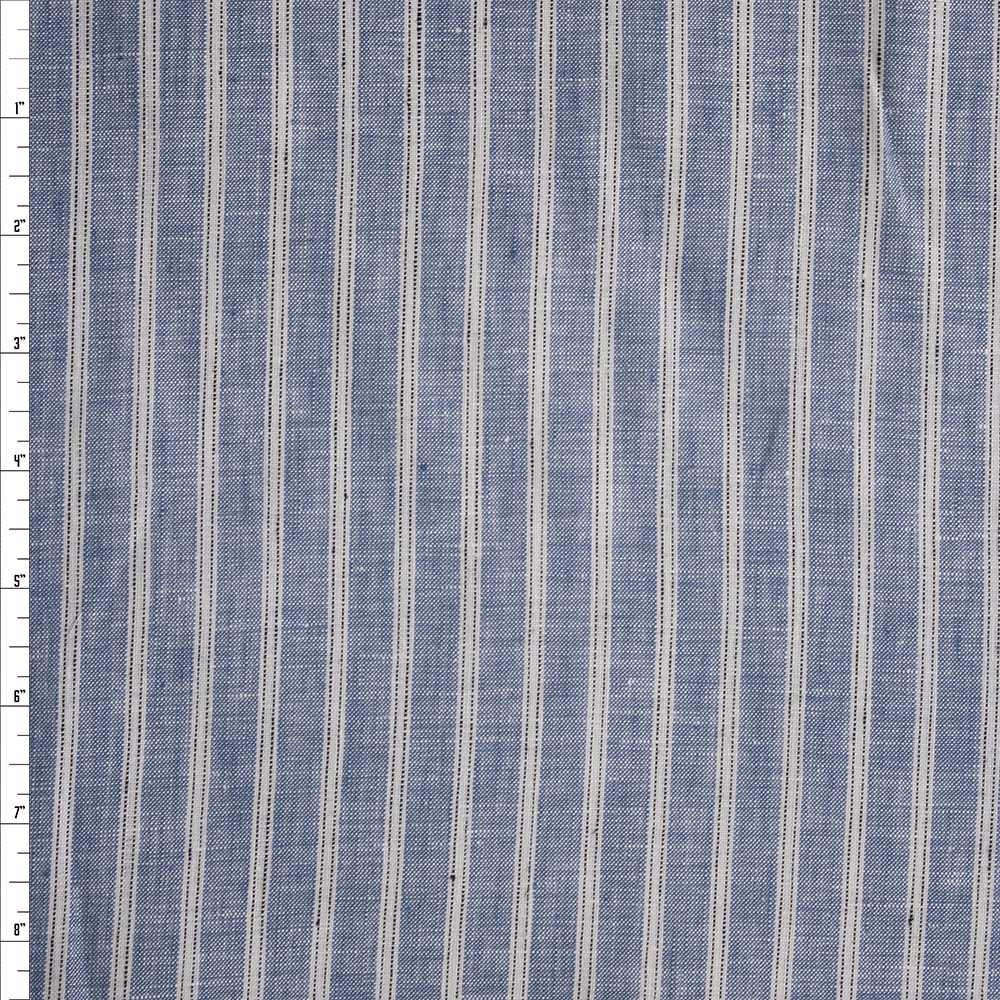 Ivory Vertical Stitch Stripe on Denim Blue Designer Linen Fabric By The Yard