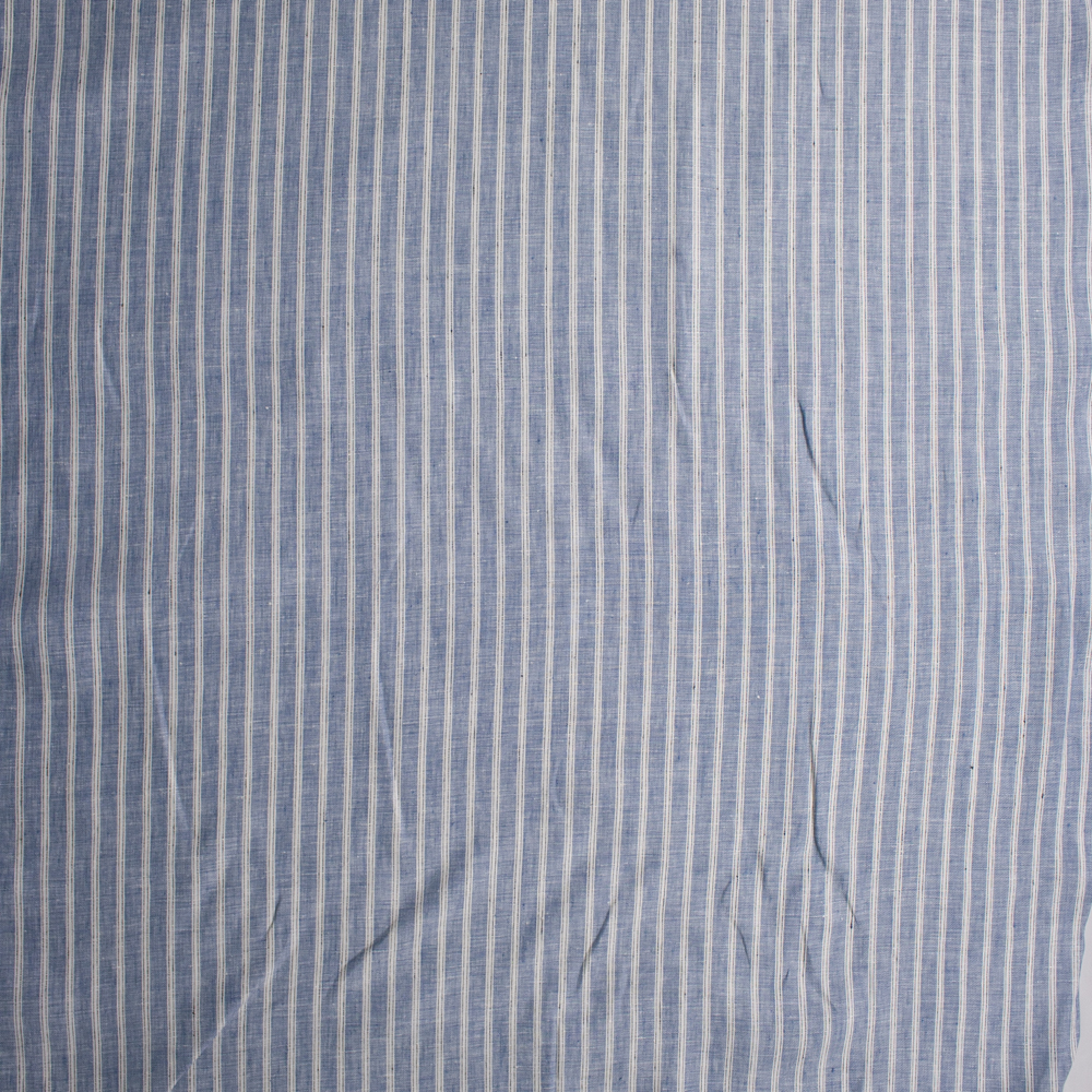 Ivory Vertical Stitch Stripe on Denim Blue Designer Linen Fabric By The Yard - Wide shot