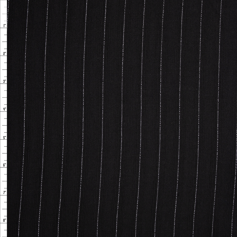 White on Black Vertical Pinstripe Designer Linen Fabric By The Yard
