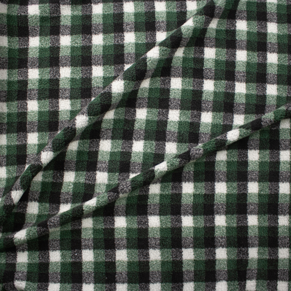 Hunter Green, Black, and White Plaid Designer Sherpa Fabric By The Yard - Wide shot