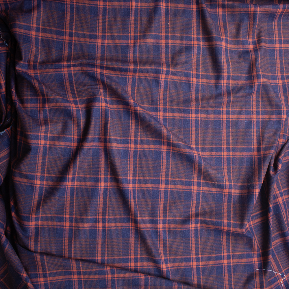 Navy, Orange, and Brown Plaid Soft Designer Flannel Fabric By The Yard - Wide shot