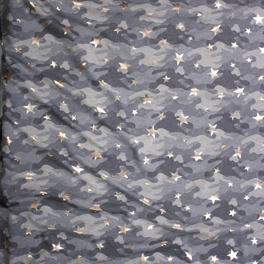 Blush Gold Stars on Grey Heather Camouflage Lightweight French Terry Fabric By The Yard - Wide shot