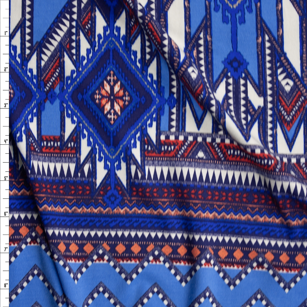Blue Abstract Geometric Print Italian Designer Rayon Jersey Fabric By The Yard