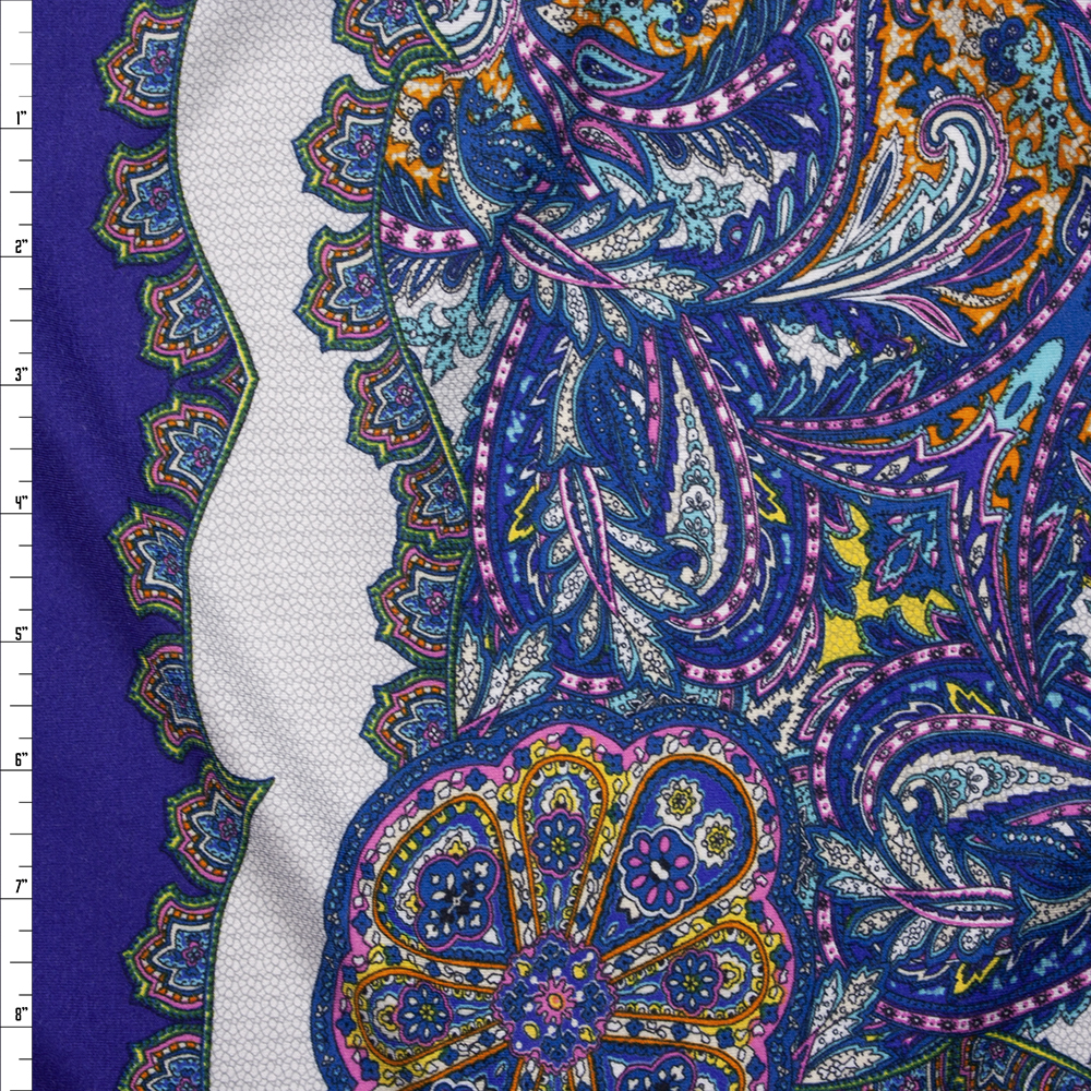 Tiled Paisley Pattern on Royal Blue Italian Designer Rayon Jersey Fabric By The Yard