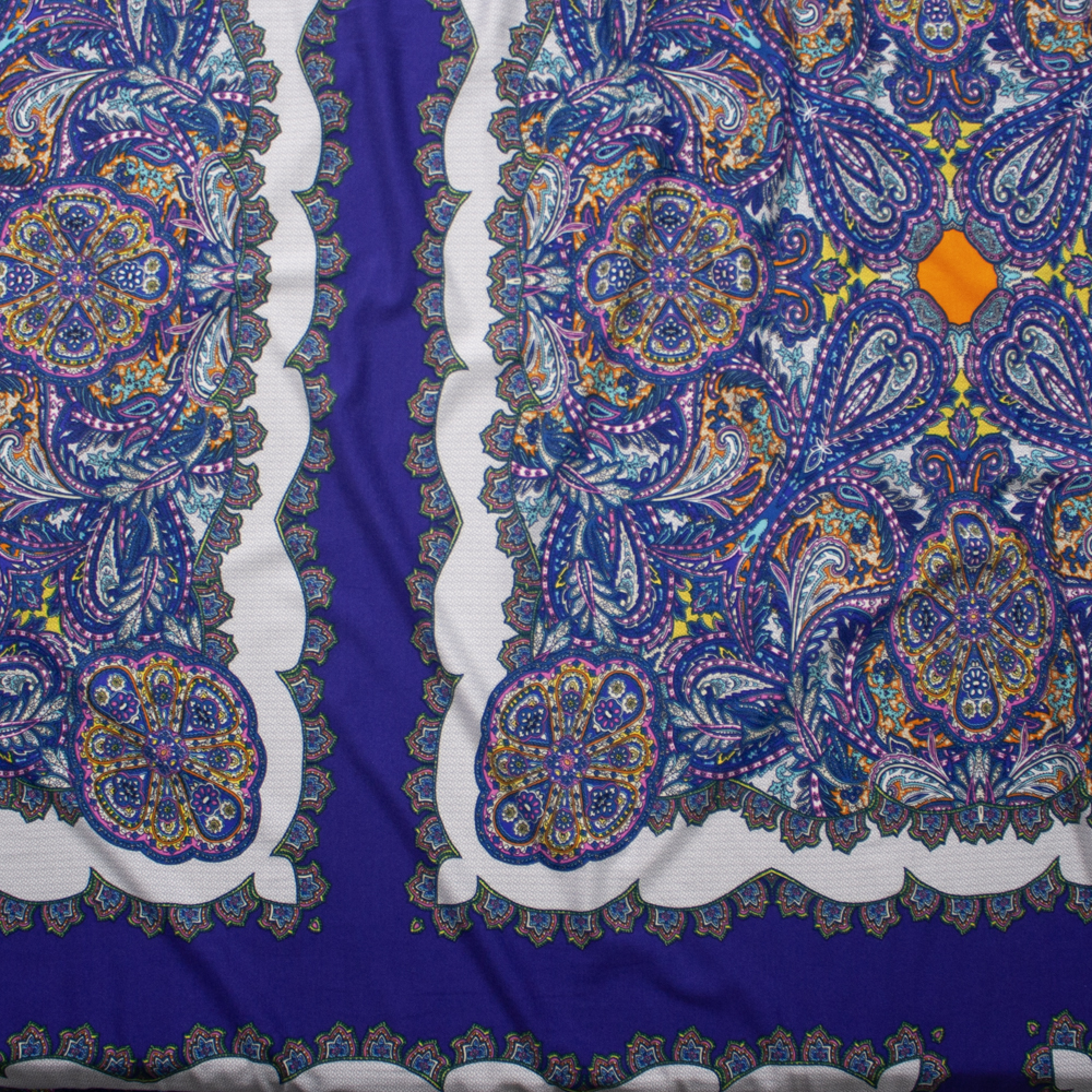 Tiled Paisley Pattern on Royal Blue Italian Designer Rayon Jersey Fabric By The Yard - Wide shot