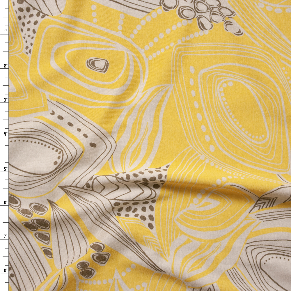 Ivory, Yellow, and Brown Abstract Sketch Italian Designer Rayon Jersey Fabric By The Yard