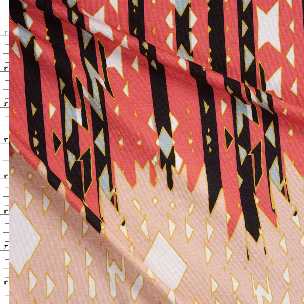 Hot Coral, Black, White, Mint, and Peach Banded Geometric Italian Designer Rayon Jersey Fabric By The Yard