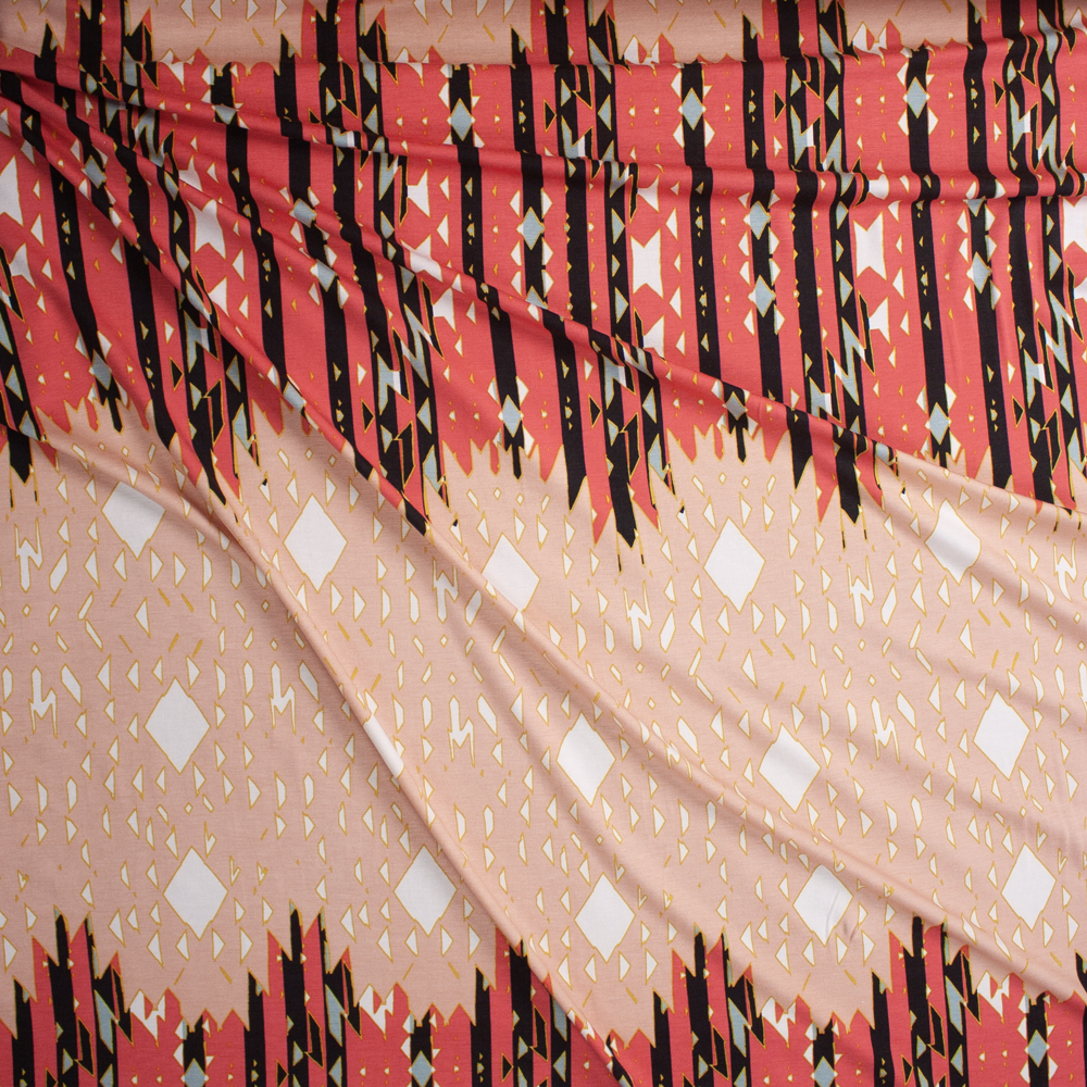 Hot Coral, Black, White, Mint, and Peach Banded Geometric Italian Designer Rayon Jersey Fabric By The Yard - Wide shot